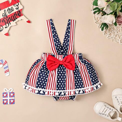 ملابس DOMOABEI My Fisrt 4th من يوليو لحديثي الولادة ملابس للأطفال الرضع في 4th من يوليو ملابس للبنات تنورة بحمالات ذات علم أمريكي لطيف in Kuwait