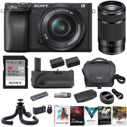 Sony Alpha a6400 Mirrorless Digital Camera with 16-50mm Lens (Black) Bundle with E-Mount Lens (Black), 64GB Memory Card, 32GB Flash Drive, Battery Grip, Rechargeable Battery and Charger (11 Items) in Saudi Arabia
