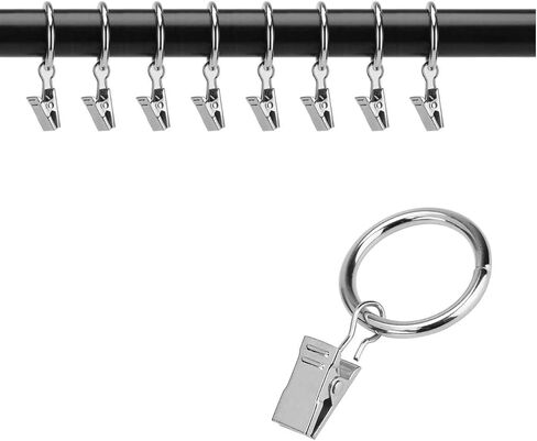 OOTSR [16 حزمة من حلقات ستارة الستائر مع مشابك وخطاطيف (3.81 سم) مطلية بالنيكل حلقات الستائر المزخرفة مع مشابك قوية للعرض الفني، ضوء الحفلات، تناسب قضيب يصل إلى 1 1/4 بوصة (فضي) in Kuwait