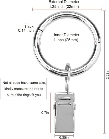 OOTSR [16 حزمة من حلقات ستارة الستائر مع مشابك وخطاطيف (3.81 سم) مطلية بالنيكل حلقات الستائر المزخرفة مع مشابك قوية للعرض الفني، ضوء الحفلات، تناسب قضيب يصل إلى 1 1/4 بوصة (فضي) in Kuwait