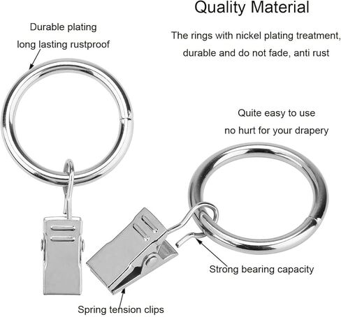 OOTSR [16 حزمة من حلقات ستارة الستائر مع مشابك وخطاطيف (3.81 سم) مطلية بالنيكل حلقات الستائر المزخرفة مع مشابك قوية للعرض الفني، ضوء الحفلات، تناسب قضيب يصل إلى 1 1/4 بوصة (فضي) in Kuwait