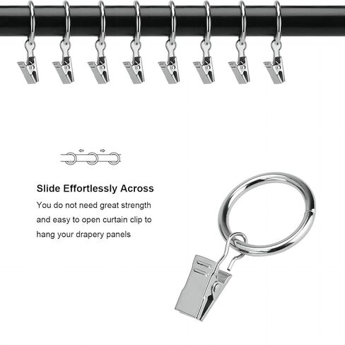 OOTSR [16 حزمة من حلقات ستارة الستائر مع مشابك وخطاطيف (3.81 سم) مطلية بالنيكل حلقات الستائر المزخرفة مع مشابك قوية للعرض الفني، ضوء الحفلات، تناسب قضيب يصل إلى 1 1/4 بوصة (فضي) in Kuwait