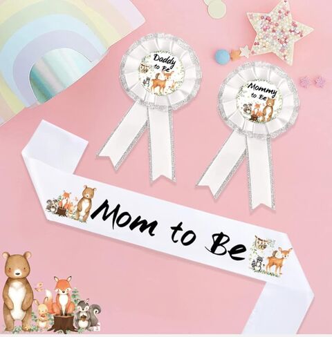 وشاح استحمام الطفل من Woodland Creatures، مجموعة حفلات الترحيب من Mom to Be & Daddy to Be Corsage للترحيب بالطفل، ديكورات حيوانات الغابات للأطفال، التصوير الفوتوغرافي لحفلات استقبال المولود الجديد، لوازم تذكارية (مخلوقات الغابة) in Kuwait