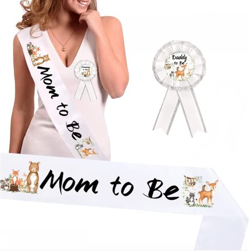 وشاح استحمام الطفل من Woodland Creatures، مجموعة حفلات الترحيب من Mom to Be & Daddy to Be Corsage للترحيب بالطفل، ديكورات حيوانات الغابات للأطفال، التصوير الفوتوغرافي لحفلات استقبال المولود الجديد، لوازم تذكارية (مخلوقات الغابة) in Kuwait
