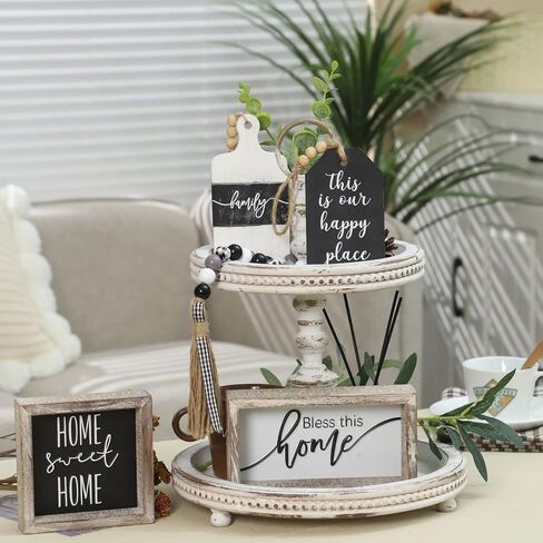5 Pieces Tiered Tray Decor Set - Tiered Tray Decor Items Mini - Kitchen Table Decor Centerpiece - Tray Decor Items Bundle - Tiered Tray Farmhouse Decor - Rustic Wooden Decorative Sign in Kuwait