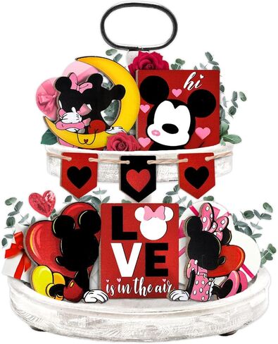 Guoofu عيد الحب ديكور صينية الطبقات، مجموعة زينة علبة الفأر الكرتون، زوجين الفأر الحب القلب علامات خشبية، ديكور عيد الحب الرومانسي للمنزل منضدية الجرف رف حفلة عطلة in Kuwait