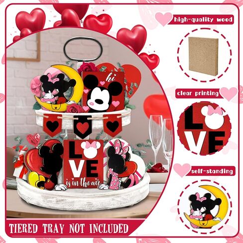 Guoofu عيد الحب ديكور صينية الطبقات، مجموعة زينة علبة الفأر الكرتون، زوجين الفأر الحب القلب علامات خشبية، ديكور عيد الحب الرومانسي للمنزل منضدية الجرف رف حفلة عطلة in Kuwait