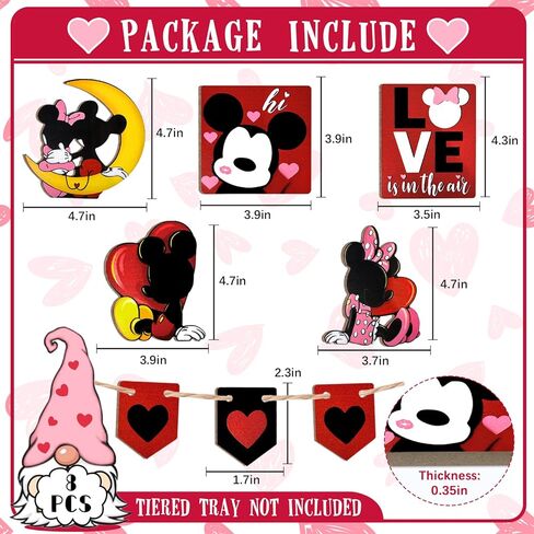 Guoofu عيد الحب ديكور صينية الطبقات، مجموعة زينة علبة الفأر الكرتون، زوجين الفأر الحب القلب علامات خشبية، ديكور عيد الحب الرومانسي للمنزل منضدية الجرف رف حفلة عطلة in Kuwait