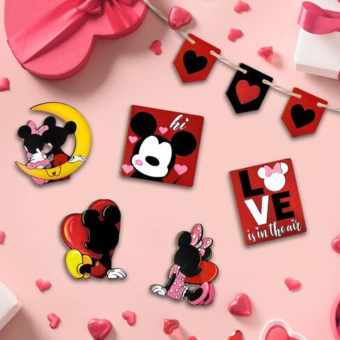 Guoofu عيد الحب ديكور صينية الطبقات، مجموعة زينة علبة الفأر الكرتون، زوجين الفأر الحب القلب علامات خشبية، ديكور عيد الحب الرومانسي للمنزل منضدية الجرف رف حفلة عطلة in Kuwait