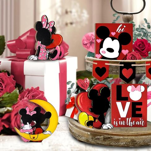 Guoofu عيد الحب ديكور صينية الطبقات، مجموعة زينة علبة الفأر الكرتون، زوجين الفأر الحب القلب علامات خشبية، ديكور عيد الحب الرومانسي للمنزل منضدية الجرف رف حفلة عطلة in Kuwait