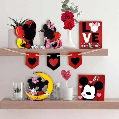 Guoofu عيد الحب ديكور صينية الطبقات، مجموعة زينة علبة الفأر الكرتون، زوجين الفأر الحب القلب علامات خشبية، ديكور عيد الحب الرومانسي للمنزل منضدية الجرف رف حفلة عطلة in Kuwait