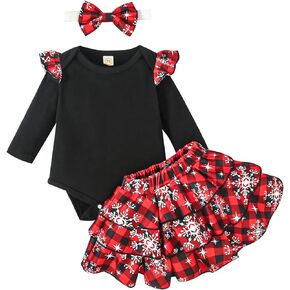 Ovmxqso Newborn Baby Girl Christmas Outfit Ruffle Ribbed Long Sleeve Romper Buffalo Snowflake Floral Pants Set Headband in Kuwait