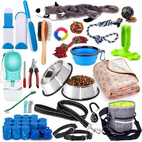 Lobeve Puppy Supplies Starter Kit - مجموعة مكونة من 39 قطعة من أساسيات الجراء ومستلزمات الكلاب. تتضمن مقود الكلاب، والألعاب، والوعاء، والفرش، وزجاجات المياه، والمزيد. هدية مثالية للترحيب بالمنزل لجراءك الجدد
