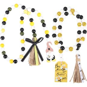 Wood Bead Garland with Tassels, 2 Pcs 3.25 Ft Handmade Natural Wood Farmhouse Coffee Table Decor Tiered Tray Decor Rustic Chic Wall Hanging, Yellow in Kuwait