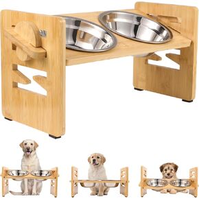 FRIUSATE Elevated Dog Bowls for Small Dogs and Cats, 6 Adjustable Heights 15° Tilted Raised Dog Bowls Stand with 2 Stainless Steel Dog Food and Water Bowls Non-Slip Bamboo Dog Feeder in Kuwait