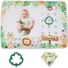 Baby Monthly Milestone Blanket Boy or Girl | Safari Jungle Animals Months Blanket | Gender Neutral Photo Blanket for Newborn Baby | Super Soft Premium Fleece | Bib+Marker 40"x50" in Saudi Arabia