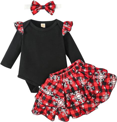 Ovmxqso Newborn Baby Girl Christmas Outfit Ruffle Ribbed Long Sleeve Romper Buffalo Snowflake Floral Pants Set Headband in Kuwait