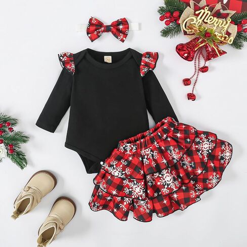 Ovmxqso Newborn Baby Girl Christmas Outfit Ruffle Ribbed Long Sleeve Romper Buffalo Snowflake Floral Pants Set Headband in Kuwait