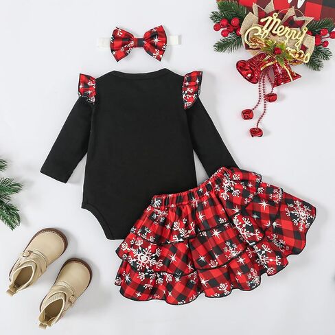 Ovmxqso Newborn Baby Girl Christmas Outfit Ruffle Ribbed Long Sleeve Romper Buffalo Snowflake Floral Pants Set Headband in Kuwait