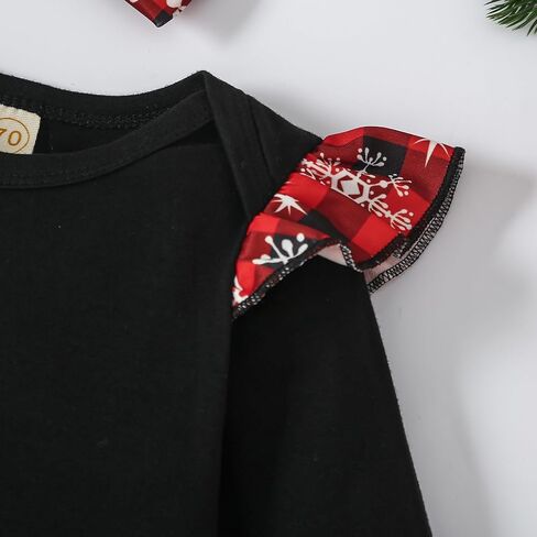 Ovmxqso Newborn Baby Girl Christmas Outfit Ruffle Ribbed Long Sleeve Romper Buffalo Snowflake Floral Pants Set Headband in Kuwait