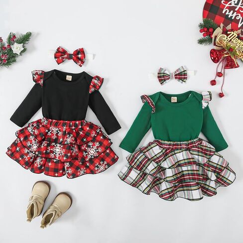 Ovmxqso Newborn Baby Girl Christmas Outfit Ruffle Ribbed Long Sleeve Romper Buffalo Snowflake Floral Pants Set Headband in Kuwait