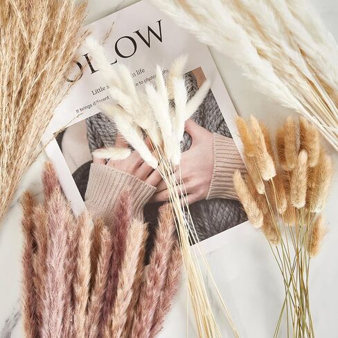 Hirolulu Natural Pampas Grass Decor, 85PCS Tall 17“ Pink White Brown Fluffy Long-Lasting Dried Flowers Bouquet for Fall Decor Home/Wedding/Living Room/Office Decor, Wedding Boho Decor in Saudi Arabia