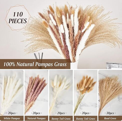 Hirolulu Natural Pampas Grass Decor, 85PCS Tall 17“ Pink White Brown Fluffy Long-Lasting Dried Flowers Bouquet for Fall Decor Home/Wedding/Living Room/Office Decor, Wedding Boho Decor in Saudi Arabia