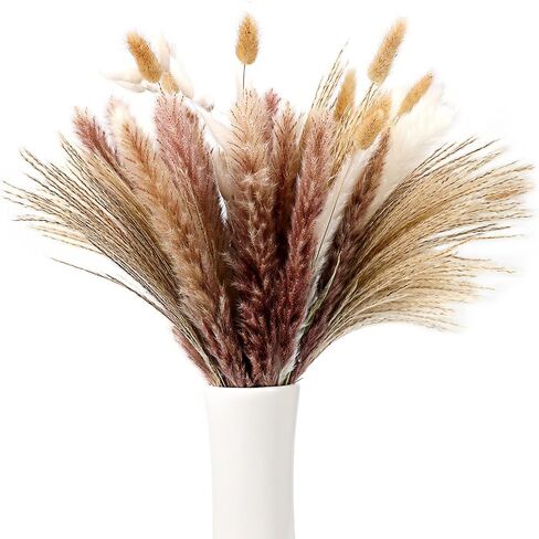 Hirolulu Natural Pampas Grass Decor, 85PCS Tall 17“ Pink White Brown Fluffy Long-Lasting Dried Flowers Bouquet for Fall Decor Home/Wedding/Living Room/Office Decor, Wedding Boho Decor in Saudi Arabia