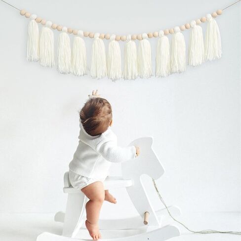 White Yarn Tassel Banner - Cream Wood Bead Tassel Garland Boho Decor, Beaded Tassel Bunting for Home, Boho Nursery Wall Hanging,Christmas Decor,Baby Bridal Shower Party Supplies (White Tassel) in Saudi Arabia