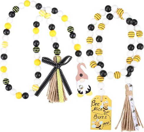 Wood Bead Garland with Tassels, 2 Pcs 3.25 Ft Handmade Natural Wood Farmhouse Coffee Table Decor Tiered Tray Decor Rustic Chic Wall Hanging, Yellow in Kuwait