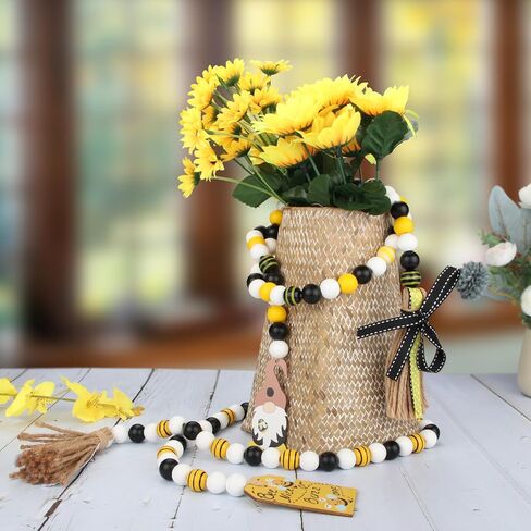 Wood Bead Garland with Tassels, 2 Pcs 3.25 Ft Handmade Natural Wood Farmhouse Coffee Table Decor Tiered Tray Decor Rustic Chic Wall Hanging, Yellow in Kuwait