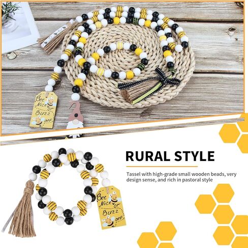 Wood Bead Garland with Tassels, 2 Pcs 3.25 Ft Handmade Natural Wood Farmhouse Coffee Table Decor Tiered Tray Decor Rustic Chic Wall Hanging, Yellow in Kuwait
