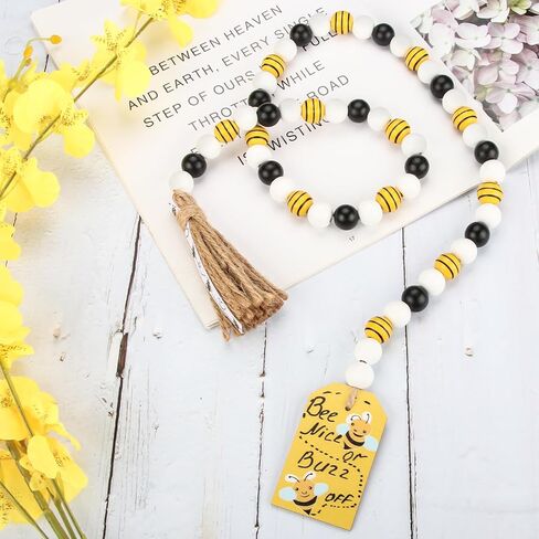 Wood Bead Garland with Tassels, 2 Pcs 3.25 Ft Handmade Natural Wood Farmhouse Coffee Table Decor Tiered Tray Decor Rustic Chic Wall Hanging, Yellow in Kuwait