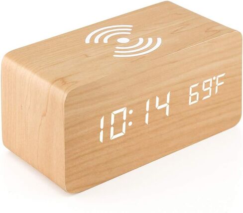 ساعة منبه OCT17 مع لوحة شحن لاسلكية Qi متوافقة مع iPhone Samsung Wood LED وظيفة التحكم في الصوت على مدار الساعة الرقمية وتاريخ الوقت وعرض درجة الحرارة لغرفة النوم والمكتب والمنزل - أبيض in Saudi Arabia