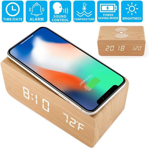 ساعة منبه OCT17 مع لوحة شحن لاسلكية Qi متوافقة مع iPhone Samsung Wood LED وظيفة التحكم في الصوت على مدار الساعة الرقمية وتاريخ الوقت وعرض درجة الحرارة لغرفة النوم والمكتب والمنزل - أبيض in Saudi Arabia