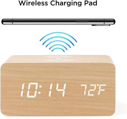 ساعة منبه OCT17 مع لوحة شحن لاسلكية Qi متوافقة مع iPhone Samsung Wood LED وظيفة التحكم في الصوت على مدار الساعة الرقمية وتاريخ الوقت وعرض درجة الحرارة لغرفة النوم والمكتب والمنزل - أبيض in Saudi Arabia