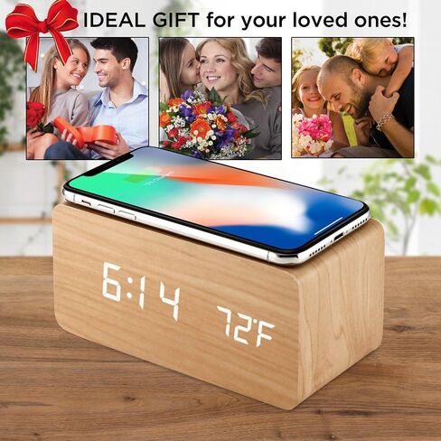ساعة منبه OCT17 مع لوحة شحن لاسلكية Qi متوافقة مع iPhone Samsung Wood LED وظيفة التحكم في الصوت على مدار الساعة الرقمية وتاريخ الوقت وعرض درجة الحرارة لغرفة النوم والمكتب والمنزل - أبيض in Saudi Arabia