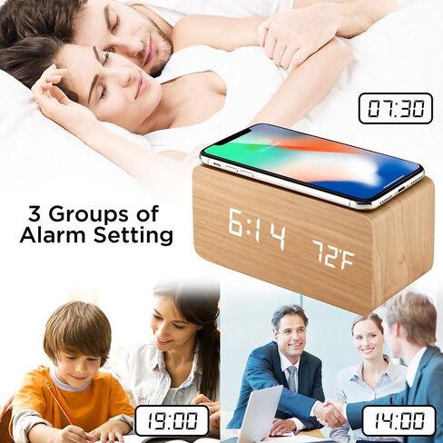ساعة منبه OCT17 مع لوحة شحن لاسلكية Qi متوافقة مع iPhone Samsung Wood LED وظيفة التحكم في الصوت على مدار الساعة الرقمية وتاريخ الوقت وعرض درجة الحرارة لغرفة النوم والمكتب والمنزل - أبيض in Saudi Arabia
