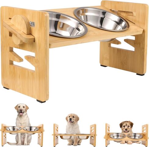 FRIUSATE Elevated Dog Bowls for Small Dogs and Cats, 6 Adjustable Heights 15° Tilted Raised Dog Bowls Stand with 2 Stainless Steel Dog Food and Water Bowls Non-Slip Bamboo Dog Feeder in Kuwait