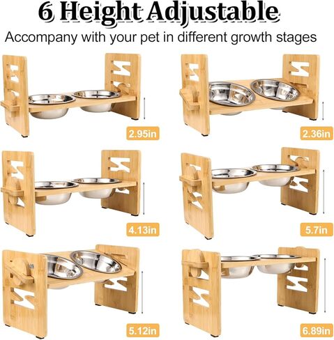 FRIUSATE Elevated Dog Bowls for Small Dogs and Cats, 6 Adjustable Heights 15° Tilted Raised Dog Bowls Stand with 2 Stainless Steel Dog Food and Water Bowls Non-Slip Bamboo Dog Feeder in Kuwait