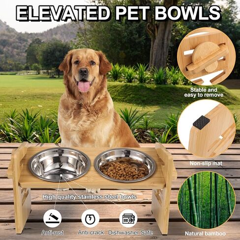 FRIUSATE Elevated Dog Bowls for Small Dogs and Cats, 6 Adjustable Heights 15° Tilted Raised Dog Bowls Stand with 2 Stainless Steel Dog Food and Water Bowls Non-Slip Bamboo Dog Feeder in Kuwait