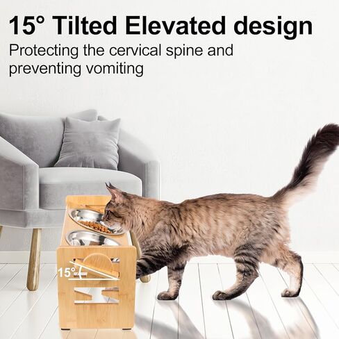 FRIUSATE Elevated Dog Bowls for Small Dogs and Cats, 6 Adjustable Heights 15° Tilted Raised Dog Bowls Stand with 2 Stainless Steel Dog Food and Water Bowls Non-Slip Bamboo Dog Feeder in Kuwait