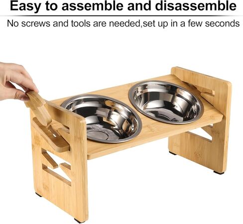 FRIUSATE Elevated Dog Bowls for Small Dogs and Cats, 6 Adjustable Heights 15° Tilted Raised Dog Bowls Stand with 2 Stainless Steel Dog Food and Water Bowls Non-Slip Bamboo Dog Feeder in Kuwait