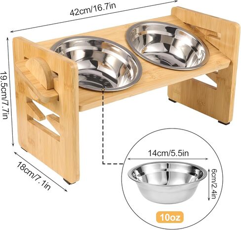 FRIUSATE Elevated Dog Bowls for Small Dogs and Cats, 6 Adjustable Heights 15° Tilted Raised Dog Bowls Stand with 2 Stainless Steel Dog Food and Water Bowls Non-Slip Bamboo Dog Feeder in Kuwait