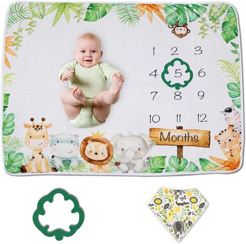 Baby Monthly Milestone Blanket Boy or Girl | Safari Jungle Animals Months Blanket | Gender Neutral Photo Blanket for Newborn Baby | Super Soft Premium Fleece | Bib+Marker 40"x50" in Saudi Arabia