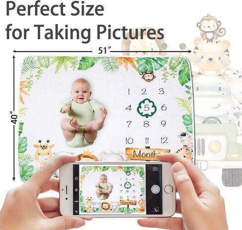 Baby Monthly Milestone Blanket Boy or Girl | Safari Jungle Animals Months Blanket | Gender Neutral Photo Blanket for Newborn Baby | Super Soft Premium Fleece | Bib+Marker 40"x50" in Saudi Arabia