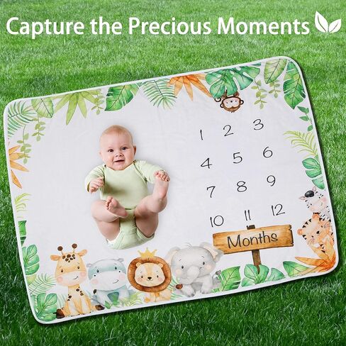 Baby Monthly Milestone Blanket Boy or Girl | Safari Jungle Animals Months Blanket | Gender Neutral Photo Blanket for Newborn Baby | Super Soft Premium Fleece | Bib+Marker 40"x50" in Saudi Arabia