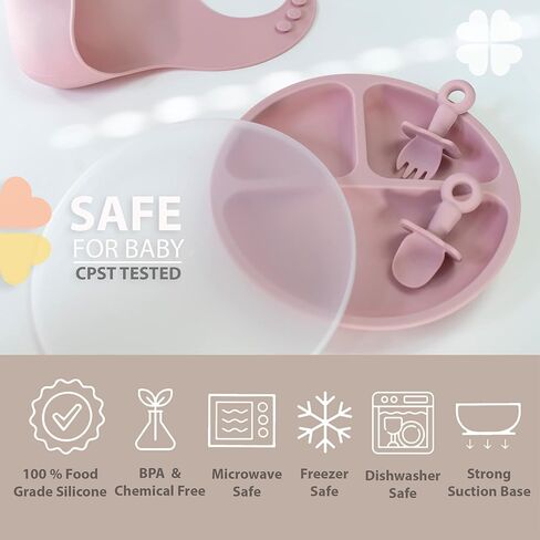 مجموعة مستلزمات الفطام للأطفال من كلوفر كلوفر، 9 قطع - مجموعة تغذية الأطفال الصغار - طبق شفط مقسم من السيليكون مع غطاء، وعاء شفط، كوب سيبي، 2 مريلة، 2 ملعقة ناعمة وشوكة 6 أشهر فما فوق (وردي غير لامع) in Kuwait