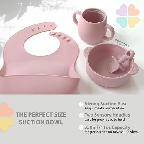 مجموعة مستلزمات الفطام للأطفال من كلوفر كلوفر، 9 قطع - مجموعة تغذية الأطفال الصغار - طبق شفط مقسم من السيليكون مع غطاء، وعاء شفط، كوب سيبي، 2 مريلة، 2 ملعقة ناعمة وشوكة 6 أشهر فما فوق (وردي غير لامع) in Kuwait