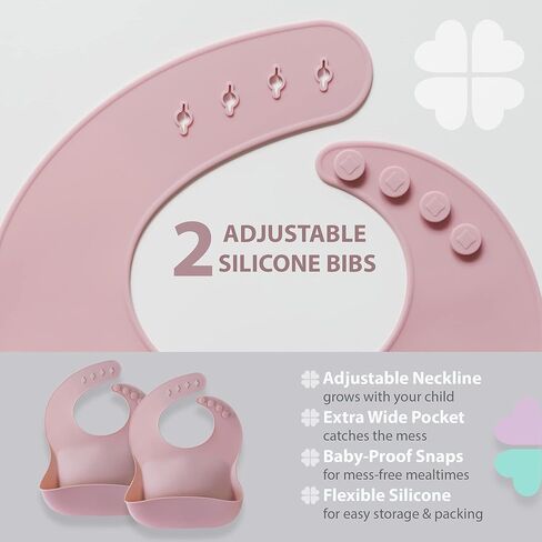 مجموعة مستلزمات الفطام للأطفال من كلوفر كلوفر، 9 قطع - مجموعة تغذية الأطفال الصغار - طبق شفط مقسم من السيليكون مع غطاء، وعاء شفط، كوب سيبي، 2 مريلة، 2 ملعقة ناعمة وشوكة 6 أشهر فما فوق (وردي غير لامع) in Kuwait